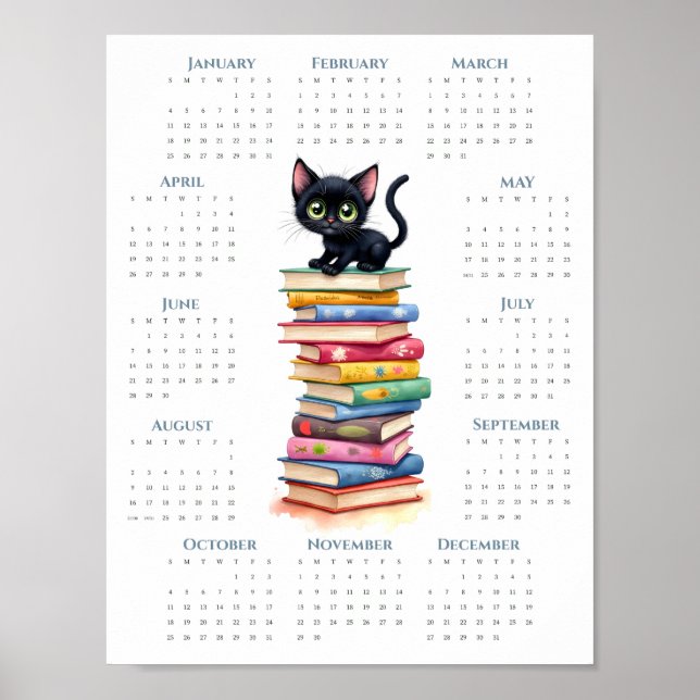 Poster 2026 1-Page Calendar Black Cat on Colorful Books (Devant)