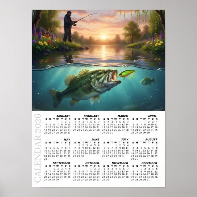 Poster 2026 Calendar, Bass Fishing, Spring River / Fish (Devant)