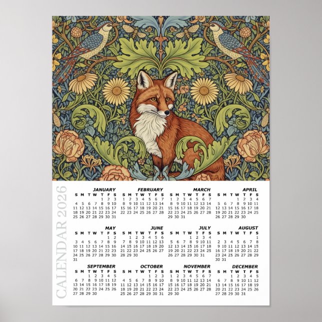 Poster 2026 Calendar, Garden Fox, Hoopoe, William Morris (Devant)