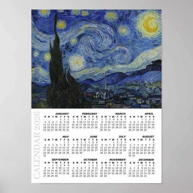 Poster 2026 Calendar, Large, Starry Night / Van Gogh (Devant)