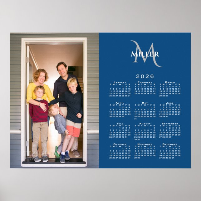 Poster 2026 Calendrier Personnalisé Photo Monogramme Nom  (Devant)