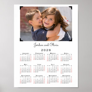 Poster 2026 Calendrier Votre photo et votre nom en blanc