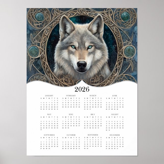 Poster 2026 Celtic Wolf Imaginaire Art Calendrier de l'an (Devant)