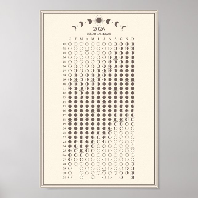Poster 2026 Moon Phase Lunar Cycles Calendar Minimalist (Devant)