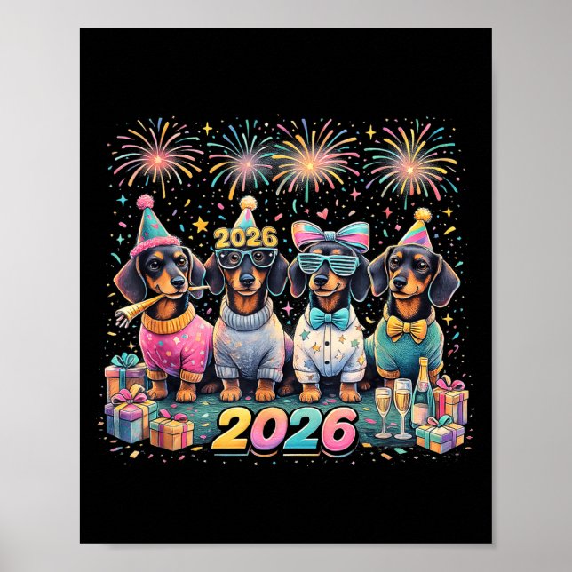 Poster 2026 New Year Dachshund Party Fireworks Fun  (Devant)