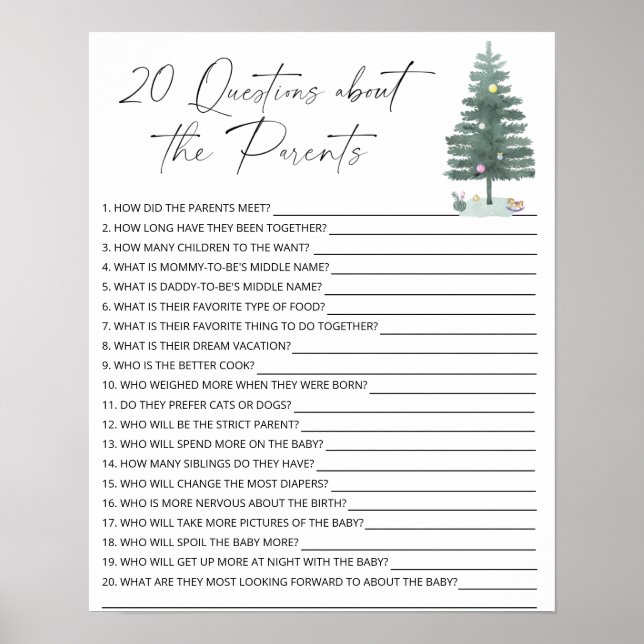 Poster 20 Questions sur le jeu de baby shower Parents (Devant)