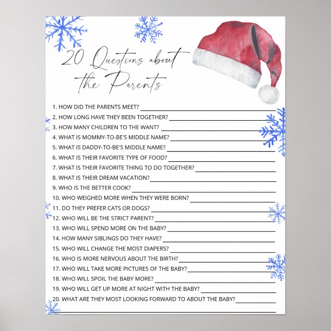 Poster 20 Questions sur le jeu de baby shower Parents (Devant)