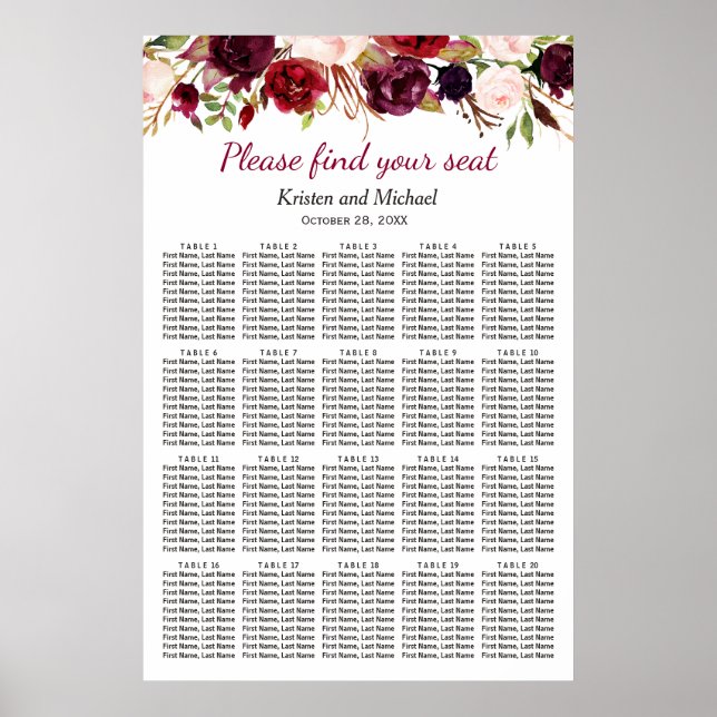 Poster 20 Tables Burgundy Floral Mariage Carte de siège (Devant)