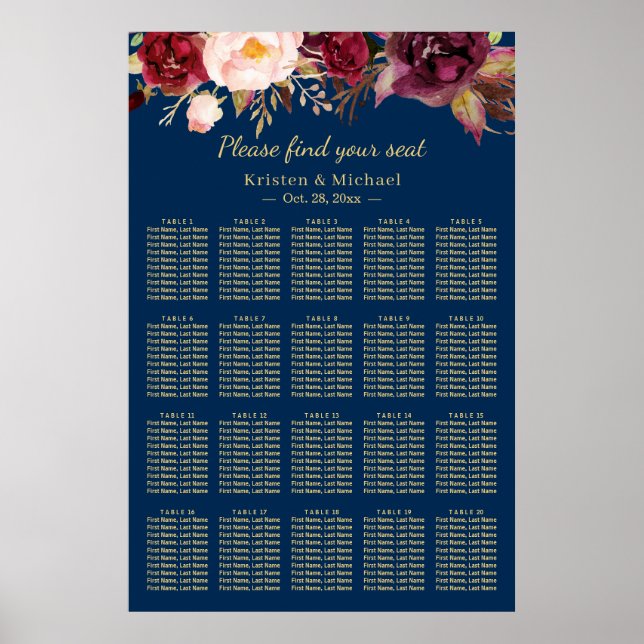 Poster 20 Tables Burgundy Floral Mariage Carte de siège (Devant)