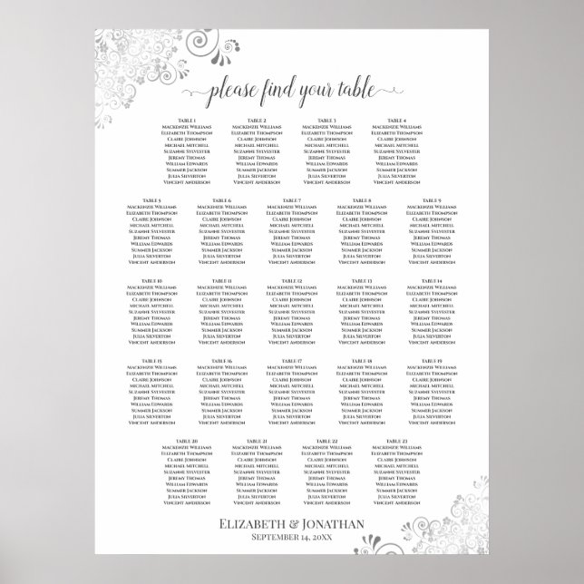 Poster 23 Table Lacy Silver Frills Mariage Seating Chart (Devant)