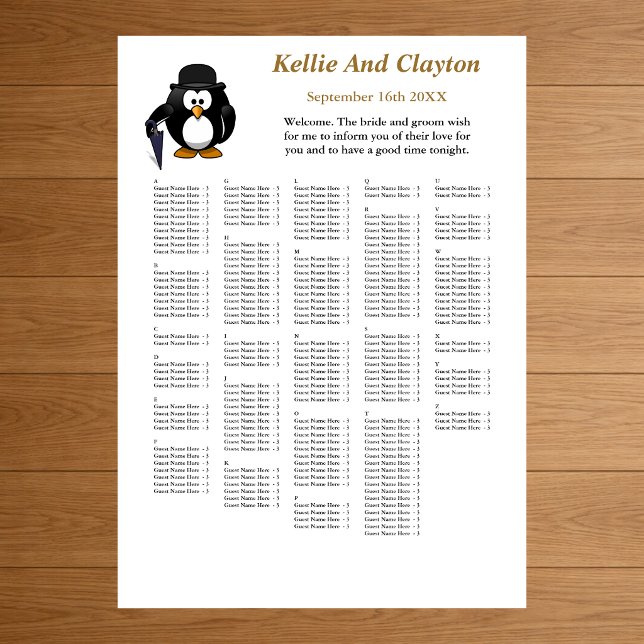 Poster 250 Drôle Penguin Greeter Mariage Seating Chart (Créateur téléchargé)