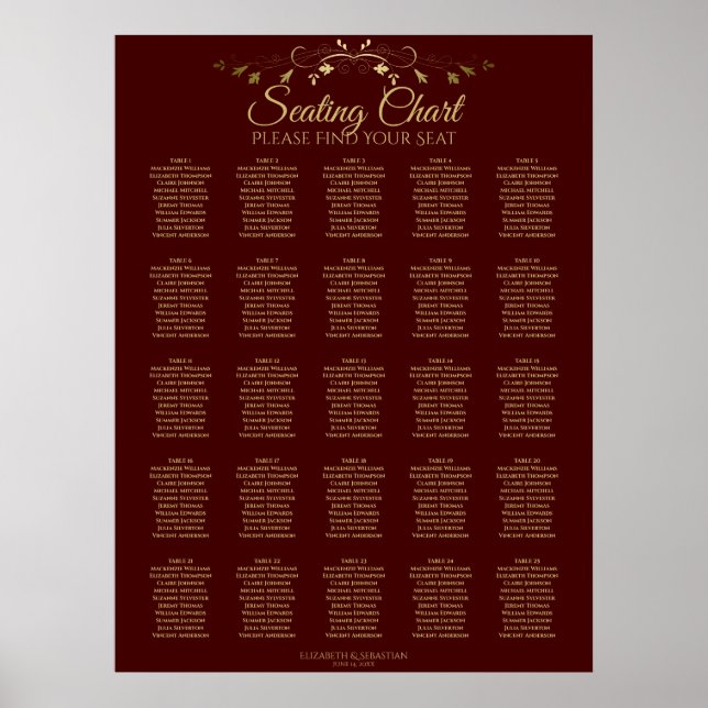 Poster 25 Table Gold & Auburn Brown Mariage Seating Chart (Devant)