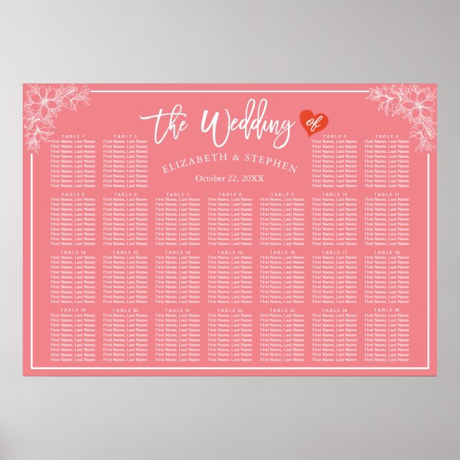 Poster 25 Tableaux Mariage rose blanc floral (Devant)