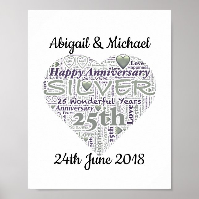 Poster 25e Mariage d'argent Anniversaire Word Art Imprime (Devant)