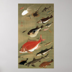 Poster 28. 群 魚 図, 冲 Divers Poissons, Jakuchu, Japon Art若