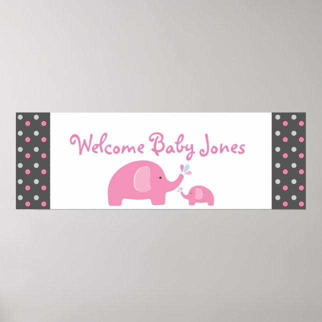 Poster 2 Eléphants roses Baby shower Sprinkel Party banni (Devant)