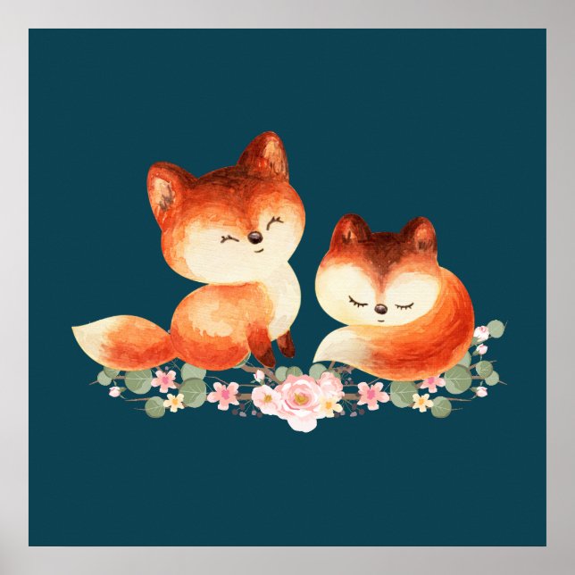 Poster 2 mignons Petits Renards Rouges Aquarelle Design (Devant)