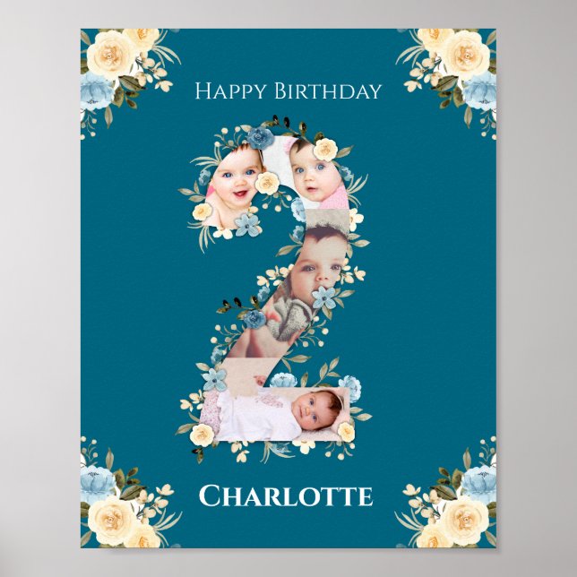 Poster 2e anniversaire Photo Collage Turquoise bleu jaune (Devant)