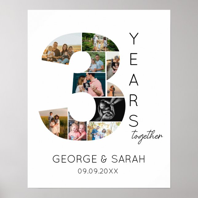 Poster 3 ans Ensemble Photo Collage Anniversaire Mariage (Devant)