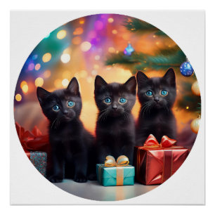 Poster 3 Jeune Blue Oyed Black Kittens Scène de Noël