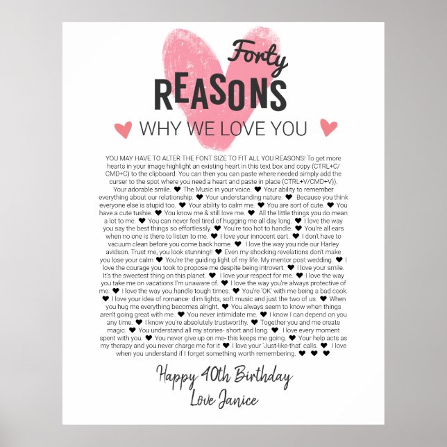 Poster 40 choses que j'aime à propos de votre anniversair (Devant)