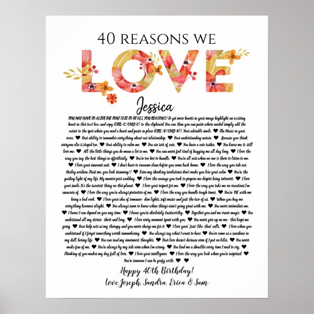 Poster 40 raisons nous t'aimons cadeau d'anniversaire mam (Devant)
