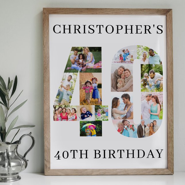 Poster 40e anniversaire Photo Collage Numéro 40 Personnal (40th Birthday Poster with number 40 in photos Available professionally printed or printable download)