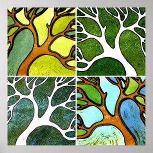 Poster 4 Arbres sculptés à la main en Aquarelle et Stylo 