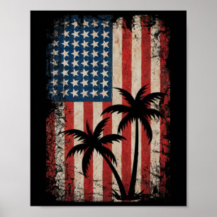 Poster 4 juillet Drapeau Américain Palmiers Usa America P