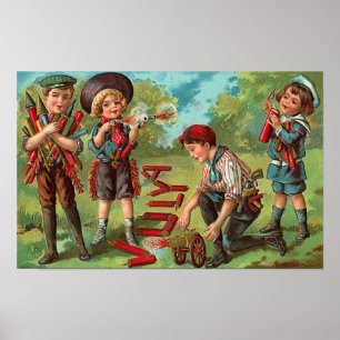 Poster 4 juillet Enfants avec Fireworks