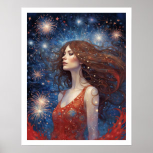 Poster 4 juillet femme dans l'art des feux d'artifice rou