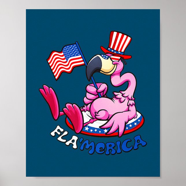 Poster 4 juillet Flamant rose Flamerica Patriotique Améri (Devant)