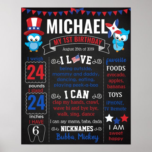Poster 4 juillet Hibou Patriotique rouge drapeau bleu Ann (Devant)