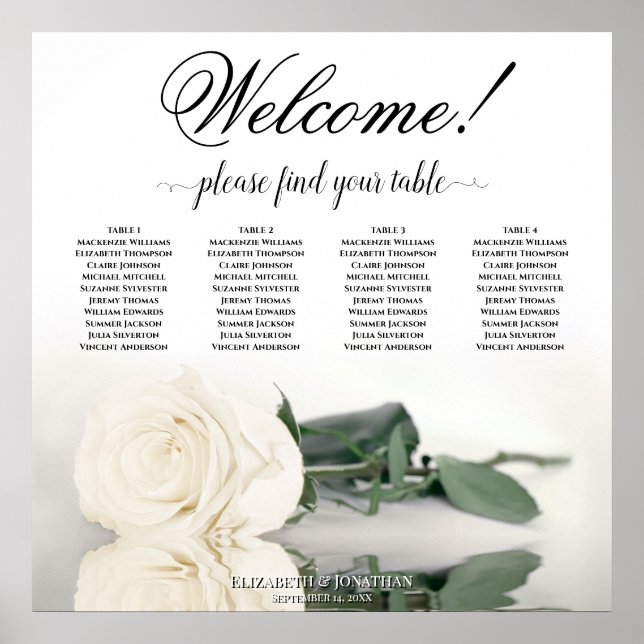 Poster 4 Table Rose blanche Élégante carte de mariage (Devant)