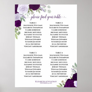 Poster 4 Table Roses Violettes Plan de Table Élégant pour