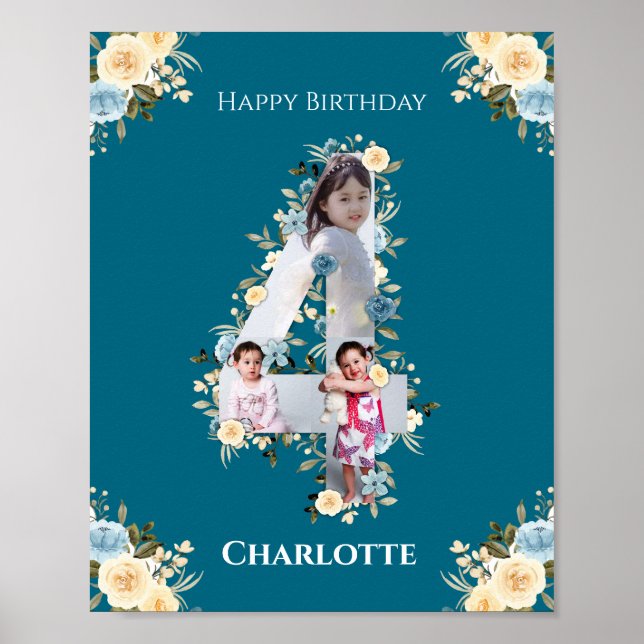 Poster 4e anniversaire Photo Collage Turquoise bleu jaune (Devant)