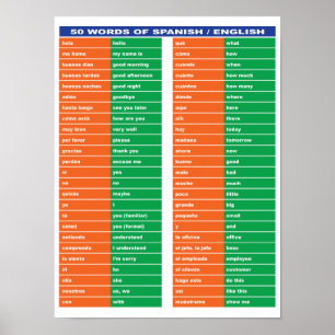 Poster 50 mots d'espagnol / anglais