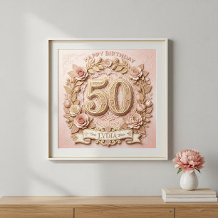 Poster 50e Anniversaire Élégant Style Papercut Floral