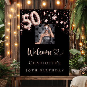 Poster 50e anniversaire noir rose or photo étoiles bienve