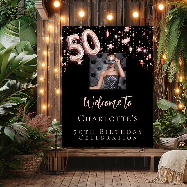 Poster 50e anniversaire noir rose or photo étoiles bienve (Créateur téléchargé)