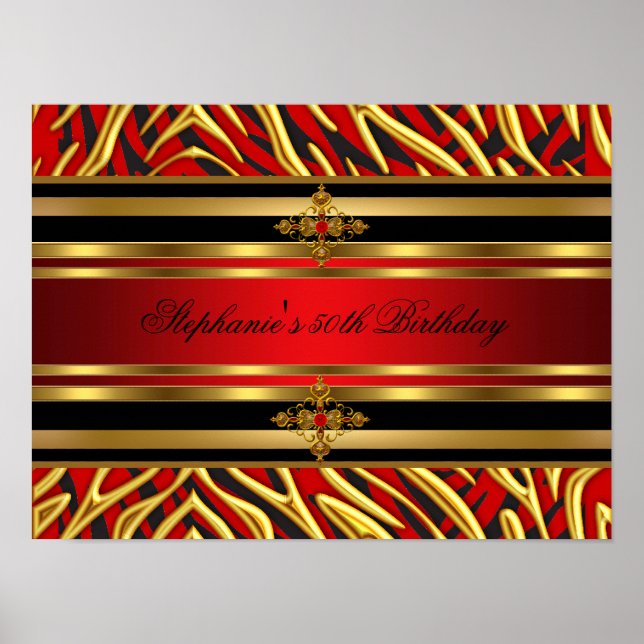 Poster 50e fête d'anniversaire Red Zebra Gold Black (Devant)