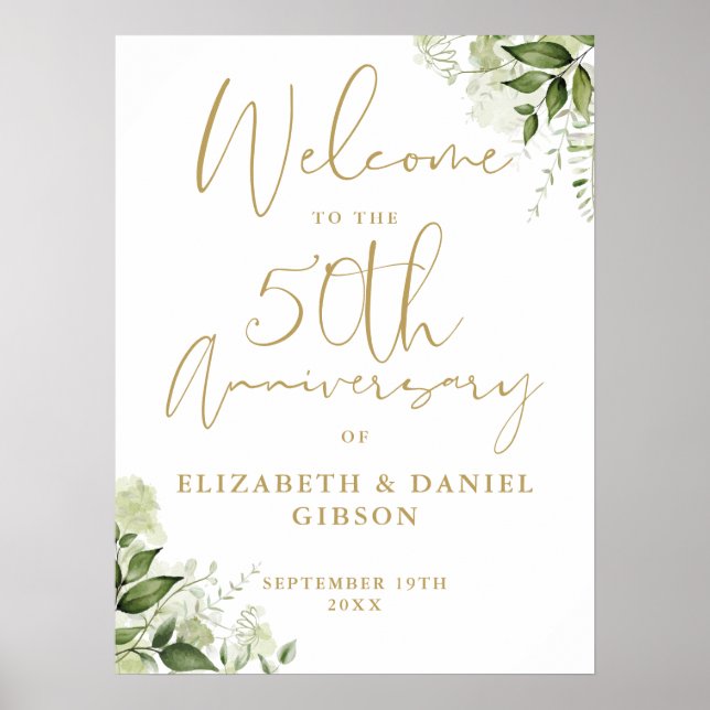 Poster 50th Wedding Anniversary Greenery Welcome Sign (Devant)