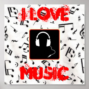 Poster 57MusicNotes, headphones1, J'AIME, MUSIQUE