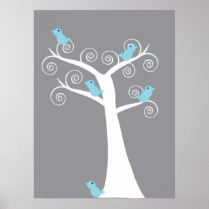 Poster 5 Oiseaux Bleus dans un Arbre (Fond Gris) Impressi