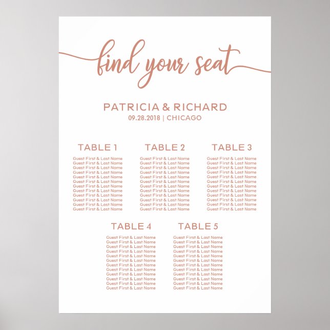 Poster 5 Tables Rose Gold Mariage Siège SIGNE (Devant)