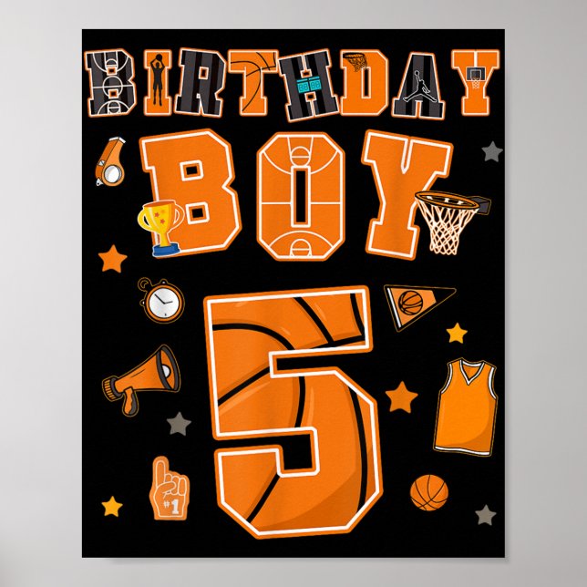 Poster 5e anniversaire Boy 5 ans Basketball Party Cinq an (Devant)