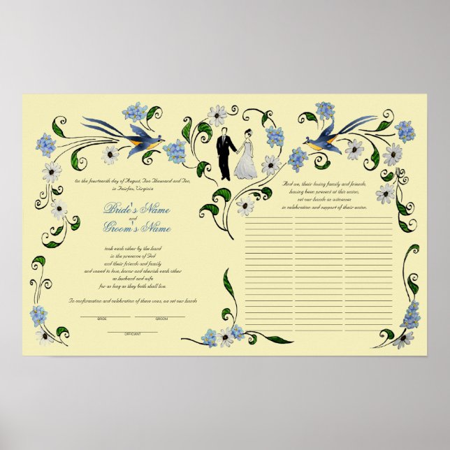 Poster 60 invités Quaker Mariage en été - bleu, ivoire (Devant)
