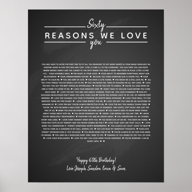 Poster 60 raisons pour lesquelles nous vous aimons cadeau (Devant)