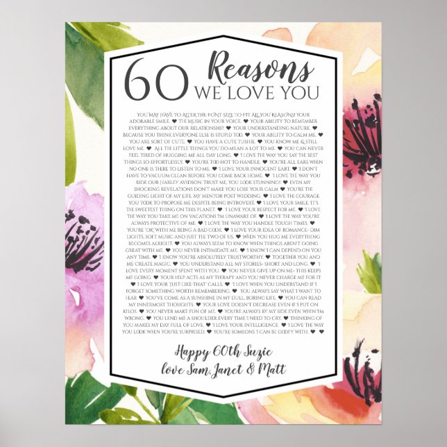 Poster 60 raisons pourquoi nous vous aimons aquarelle ros (Devant)