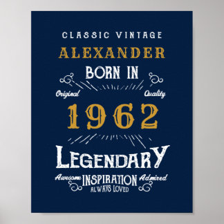 Poster 60th Birthday 1962 Ajouter Nom Legendary Blue Gold
